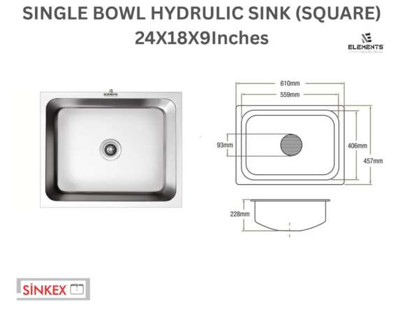 Square single Bowl hydraulic sinks  (24x18x9  inches)