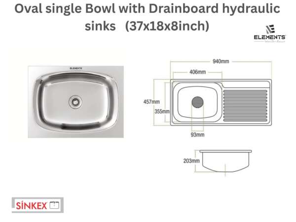 oval single Bowl with Drainboard hydraulic sinks  (37x18x8 inches)
