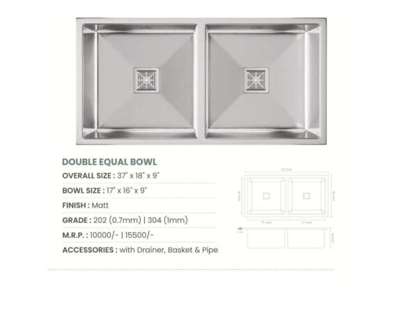 Handmade Double Bowl Kitchen Sink  (37x18x9 inches)