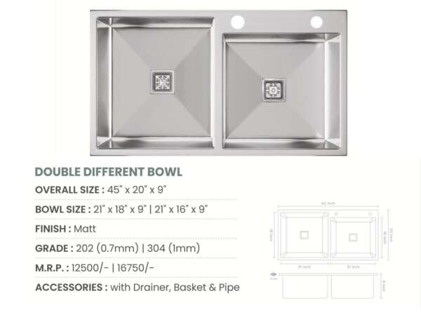 Handmade Double Bowl with Tap Hole Kitchen Sink   (45x20x9 inches)