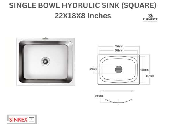 Square single Bowl hydraulic sinks  (22x18x8  inches)