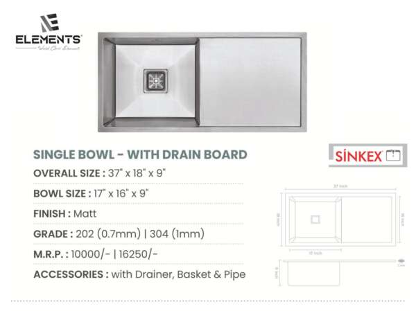 Handmade Single Bowl with Drainboard Kitchen Sink   (37x18x9 inches)