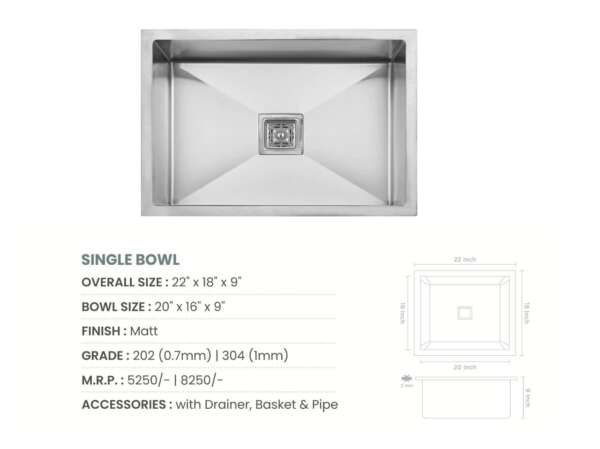 Handmade Single Bowl Kitchen Sink  (22x18x9 inches)