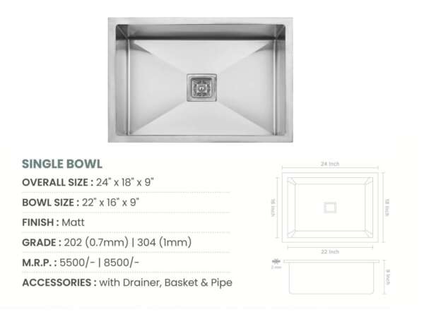 Handmade Single Bowl Kitchen Sink (24x18x9 inches)