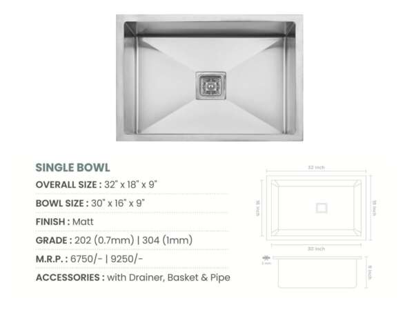 Handmade Single Bowl Kitchen Sink  (32x18x9 inches)