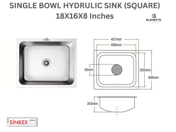Single Bowl Kitchen Sink  (18x16x8  inches)