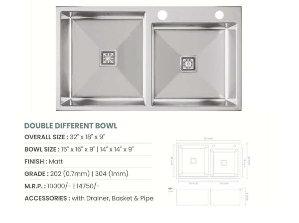 Handmade Double Bowl With Tap Hole Kitchen Sink (32x18x9 inches)