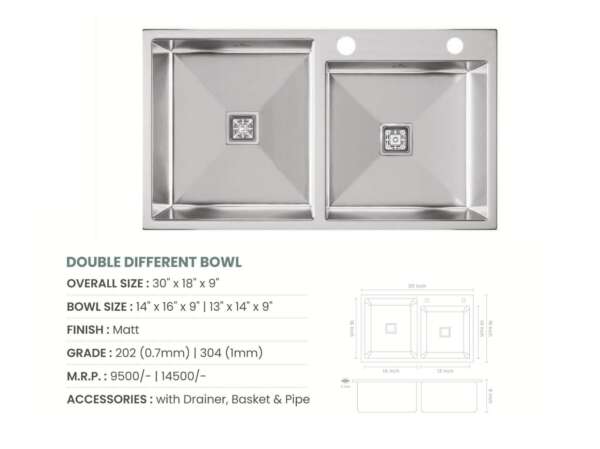 Handmade Double Bowl With Tap Hole Kitchen Sink  (30x18x9 inches)