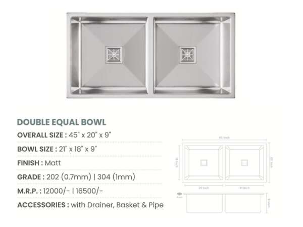 Handmade Double Bowl with  Kitchen Sink (45x20x9 inches)