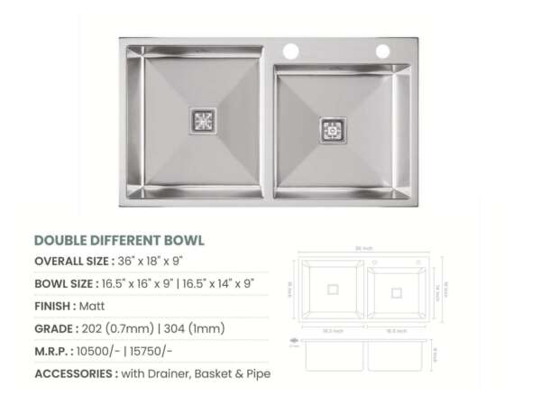 Handmade Double Bowl With Tap Hole Kitchen Sink (36x18x9 inches)