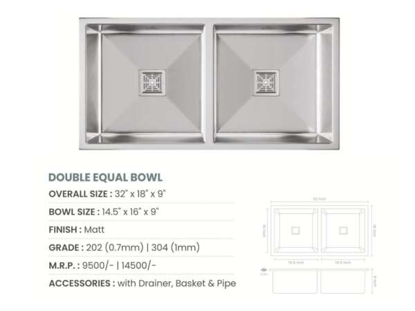 Handmade Double Bowl with  Kitchen Sink  (32x18x9 inches)