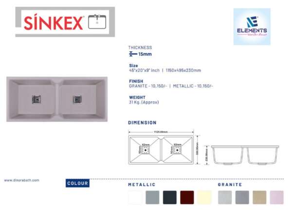 Quartz Double Bowl Kitchen Sink   ( 45x20x19 inches )