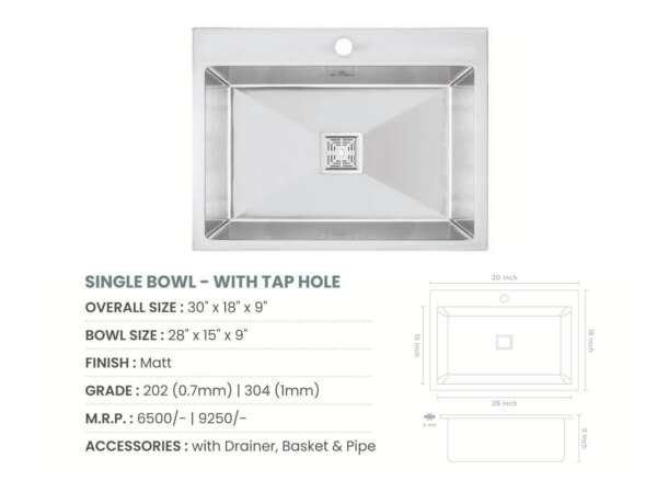 Handmade Single Bowl with tap hole Kitchen Sink (30x18x9 inches)