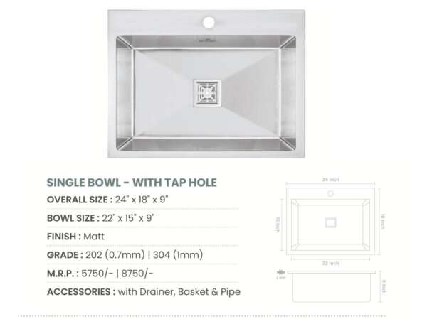 Handmade single Bowl with Tap Hole Kitchen Sink (24x18x9 inches)