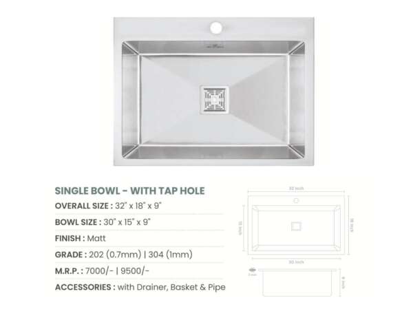 Handmade Single Bowl with Tap Hole Kitchen Sink (32x18x9 inches)