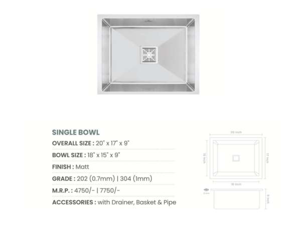 Handmade Single Bowl Kitchen Sink (20x17x9 inches)