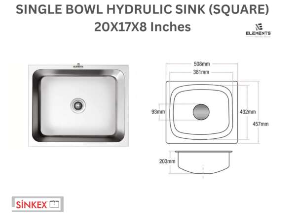 Square single Bowl hydraulic sinks  (20x17x8  inches)