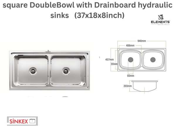 square Double Bowl with Drainboard hydraulic sinks (37x18x8  inches)