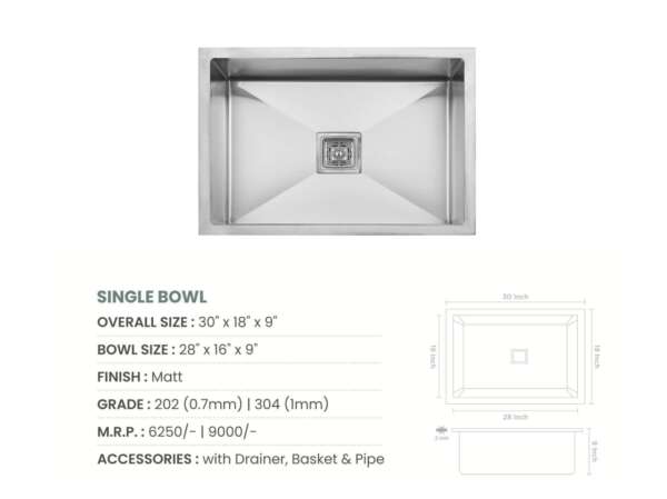 Handmade Single Bowl Kitchen Sink  (30x18x9 inches)